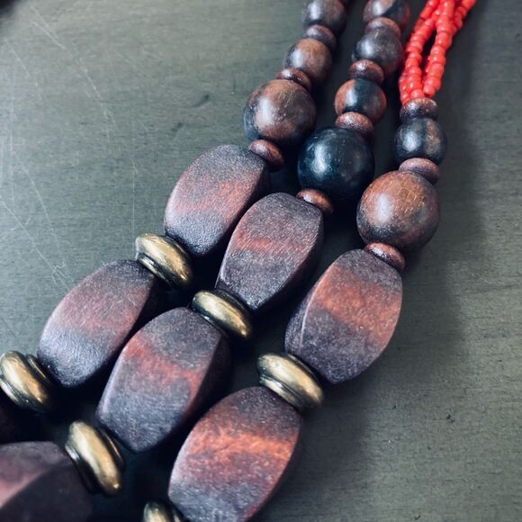 Boho Red Coral Wood Beaded Necklace - Picture 3 of 4